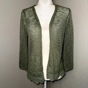 Open Knit Cardigan Sweater Womens Medium Green Scalloped Lace Hem Cottage Core